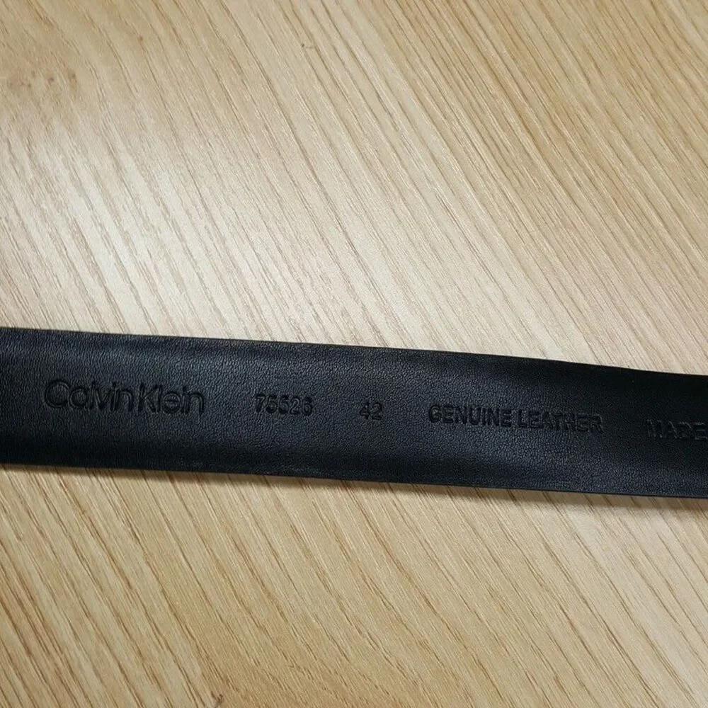 CALVIN KLEIN Belt Mens Size 42 Brown Cognac Genuine Leather Silver Logo Buckle